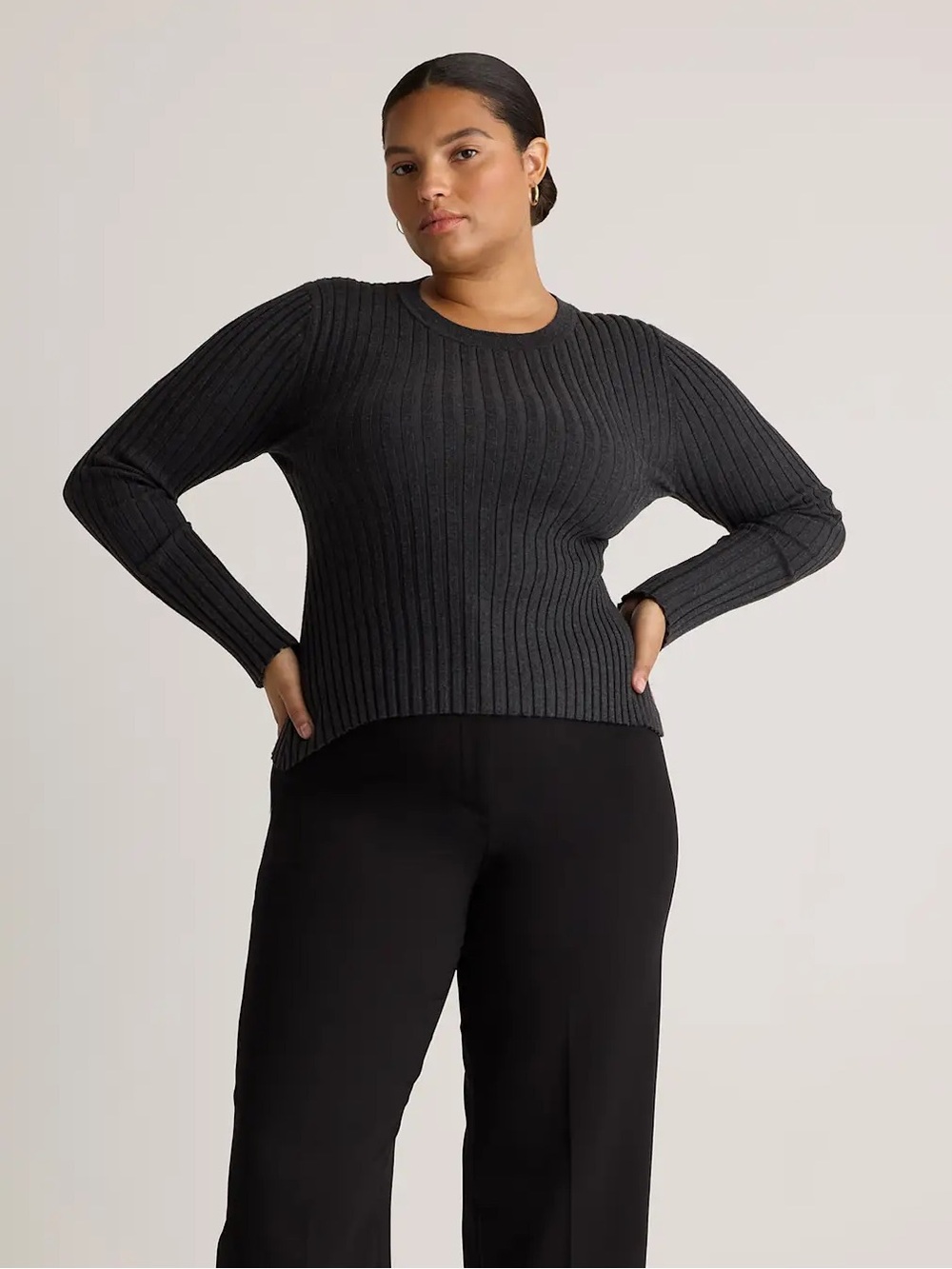 Quince Cotton Cashmere Ribbed Long Sleeve Sweater Heather Charcoal Size XS